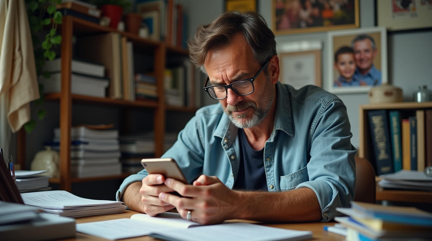 Zelfstandig ondernemer kijkt op zijn telefoon