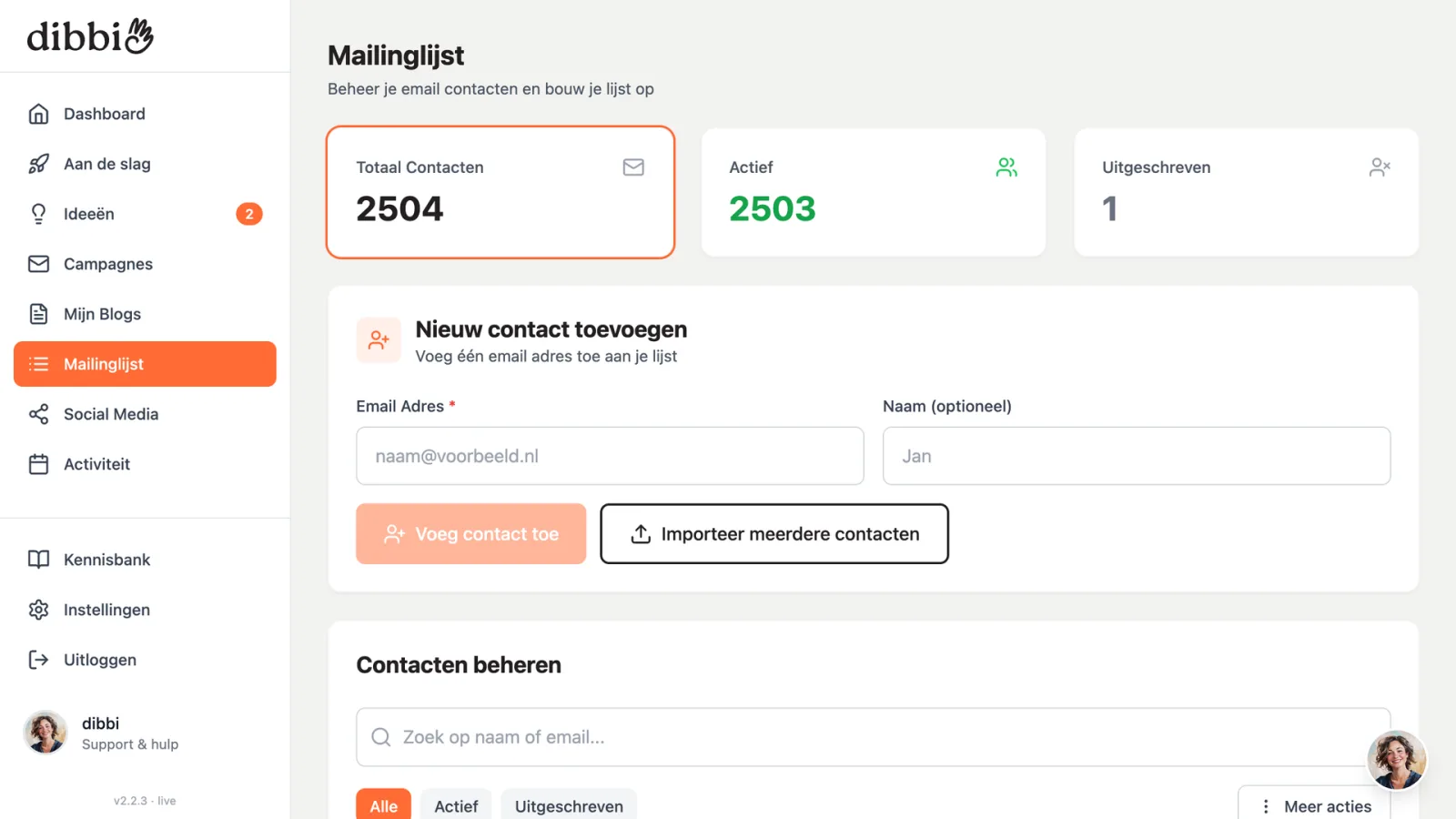 Het scherm Mailinglijst in dibbi waar je je contacten verzamelt
