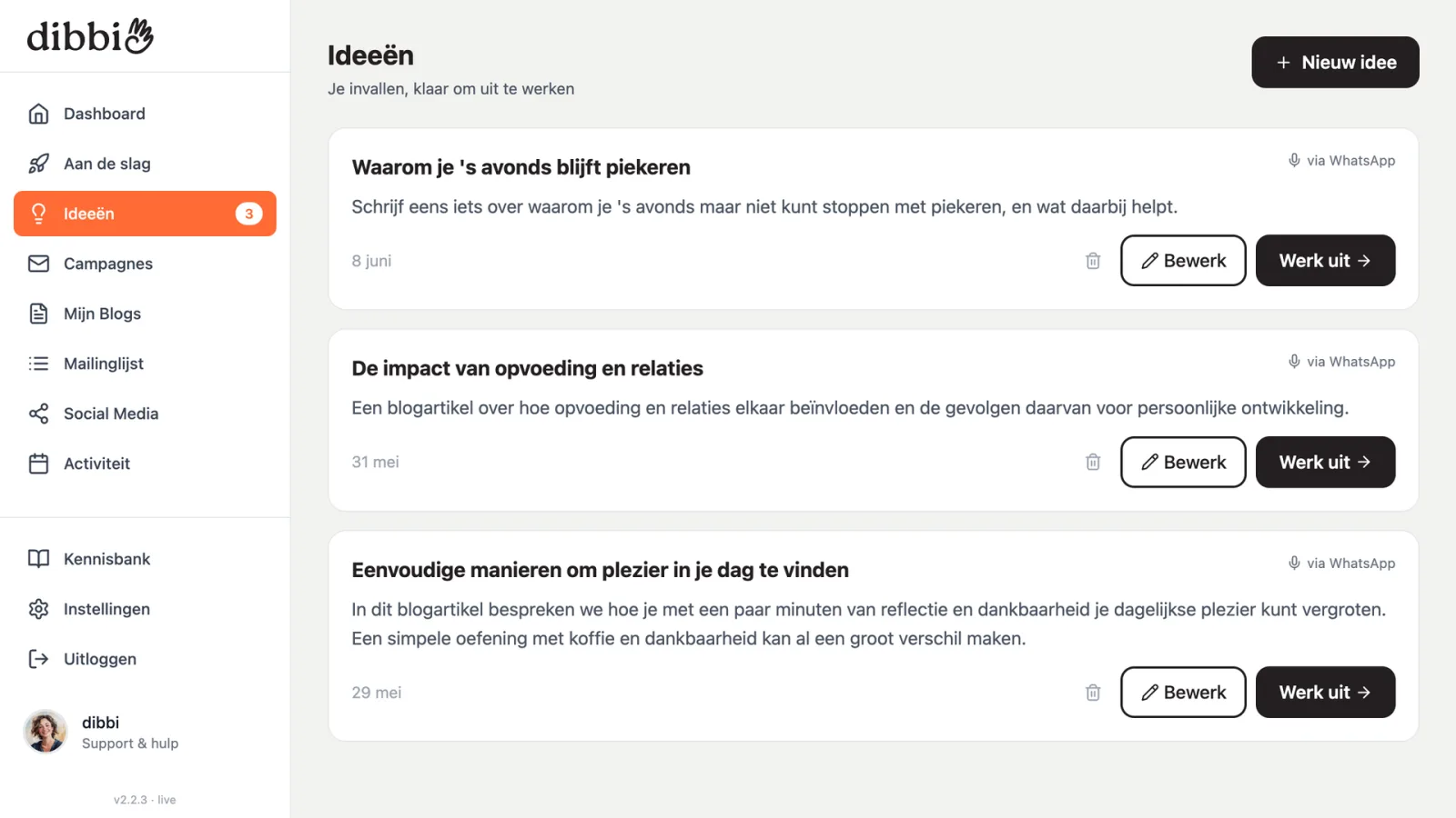 Het via WhatsApp aangemaakte idee in de Ideeën-lijst van dibbi, met de knop Werk uit