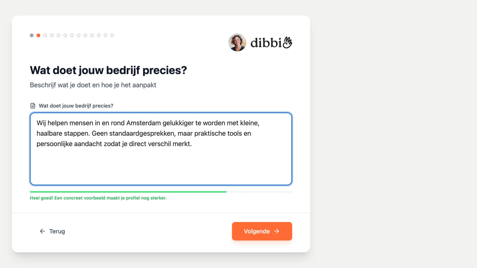 Onboardingvraag in dibbi: wat doet je bedrijf precies