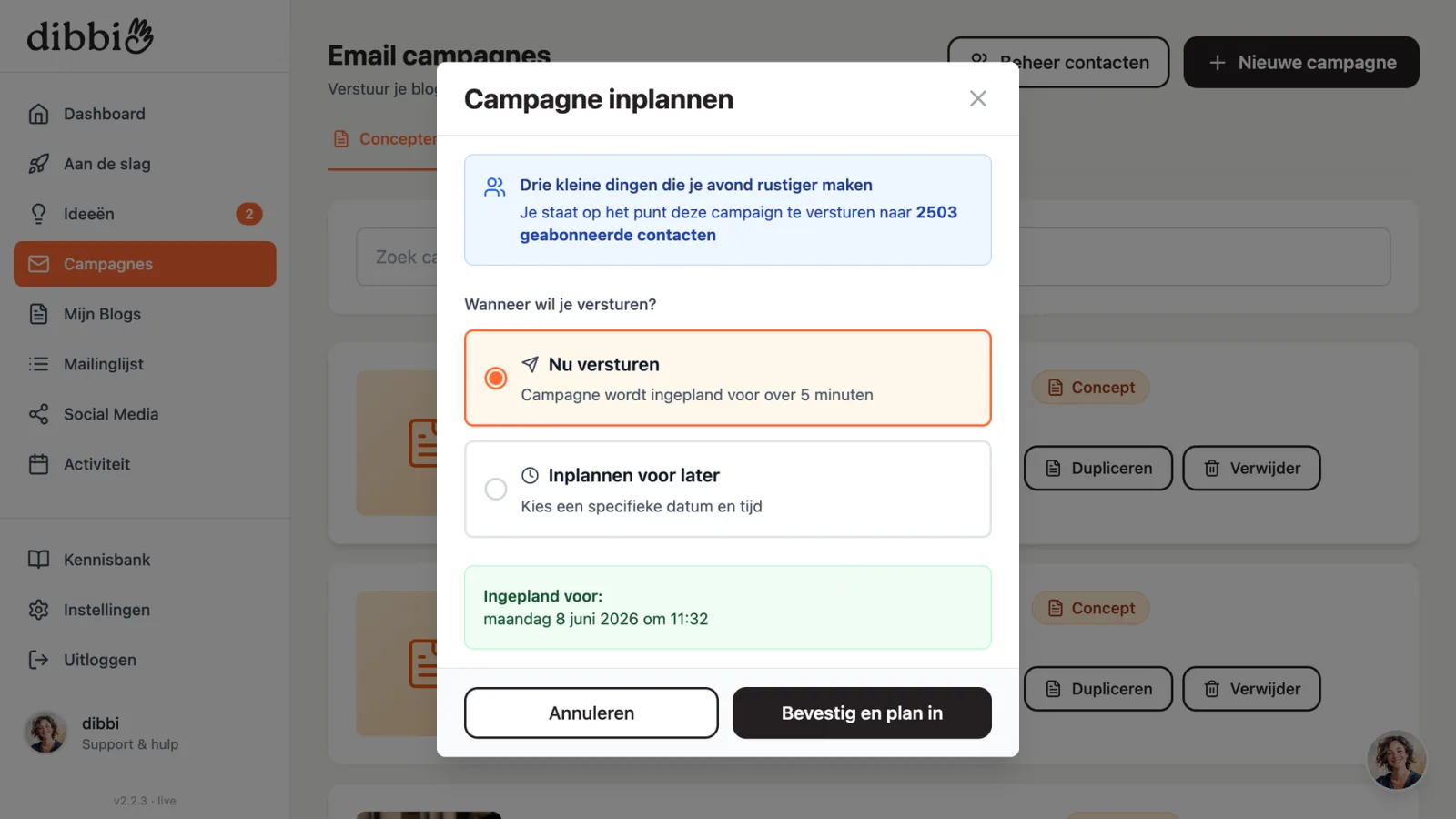 Een campagne inplannen of direct versturen in dibbi