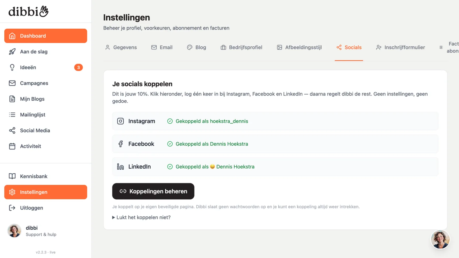 Gekoppelde social kanalen met groene vinkjes in dibbi