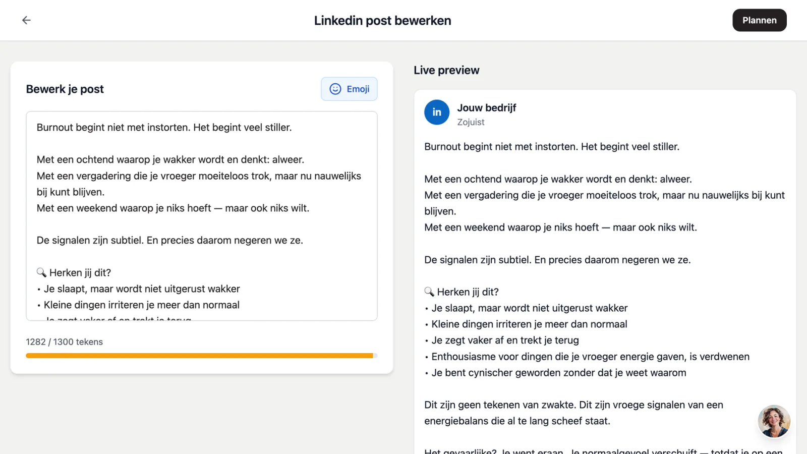 Een gegenereerde social post bewerken in dibbi met live preview