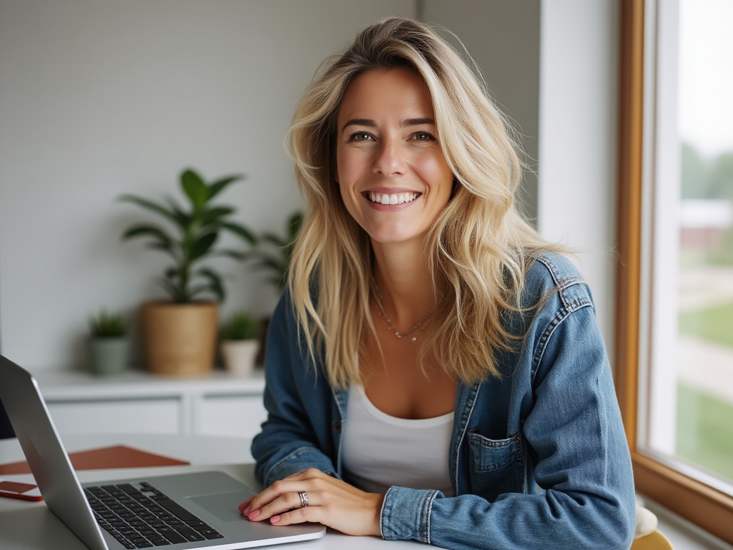 Solo-ondernemer staat naast haar bureau in een klein thuiskantoor en klapt haar laptop dicht