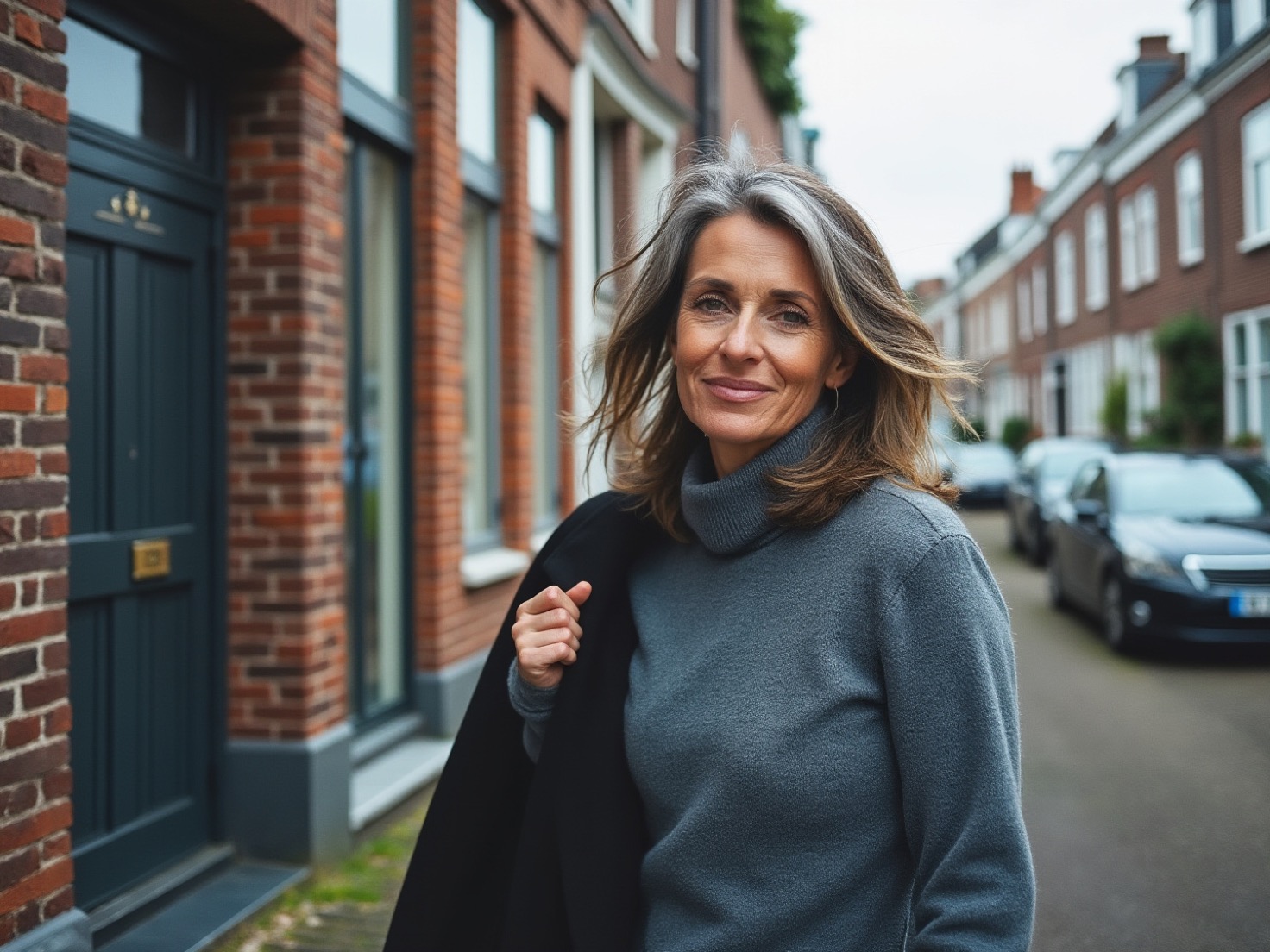 Vrouw van rond de vijftig loopt ontspannen door een Nederlandse straat met rijtjeshuizen