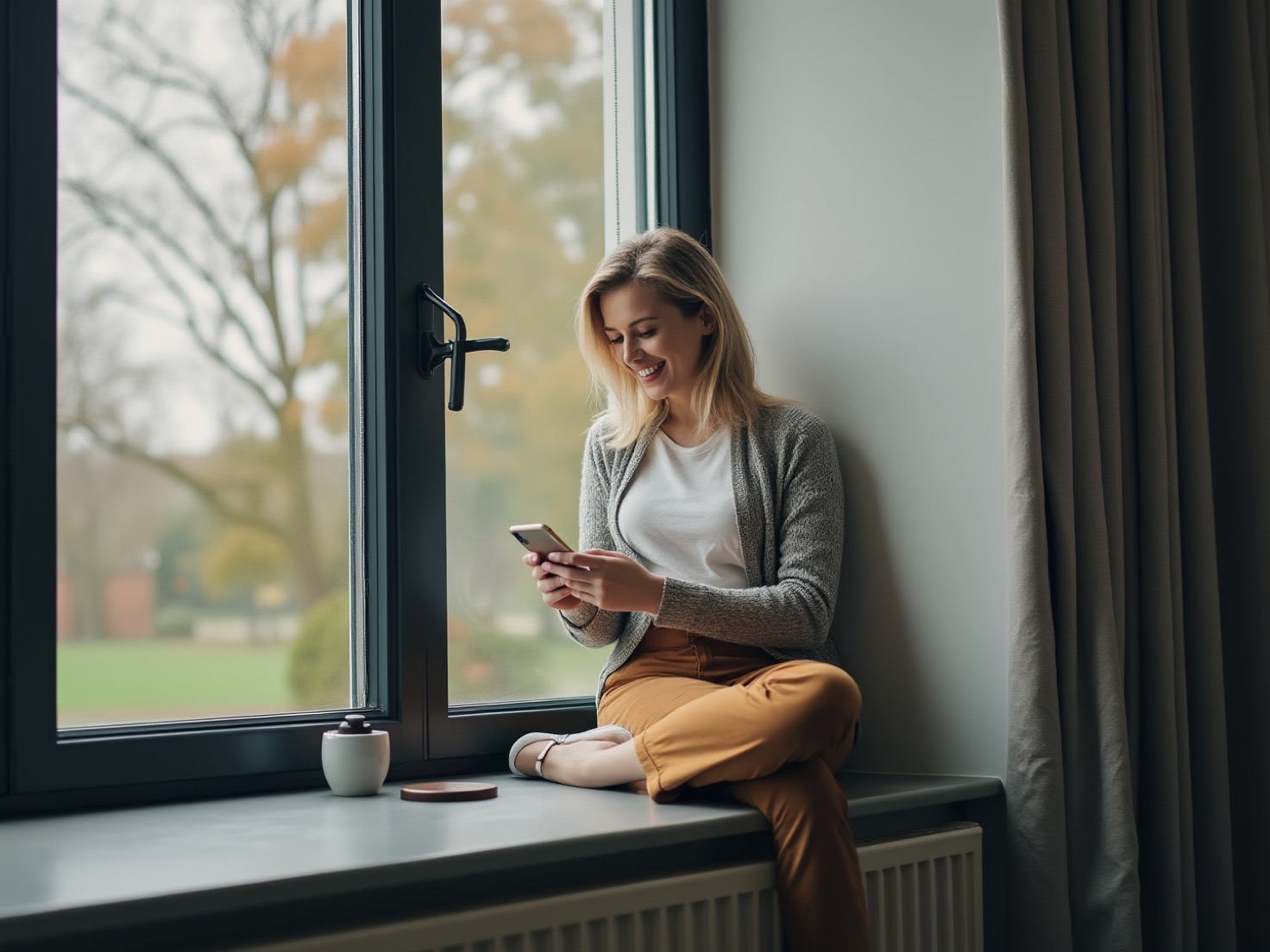 Vrouw van middelbare leeftijd typt een persoonlijk bedankbericht op haar telefoon bij het raam