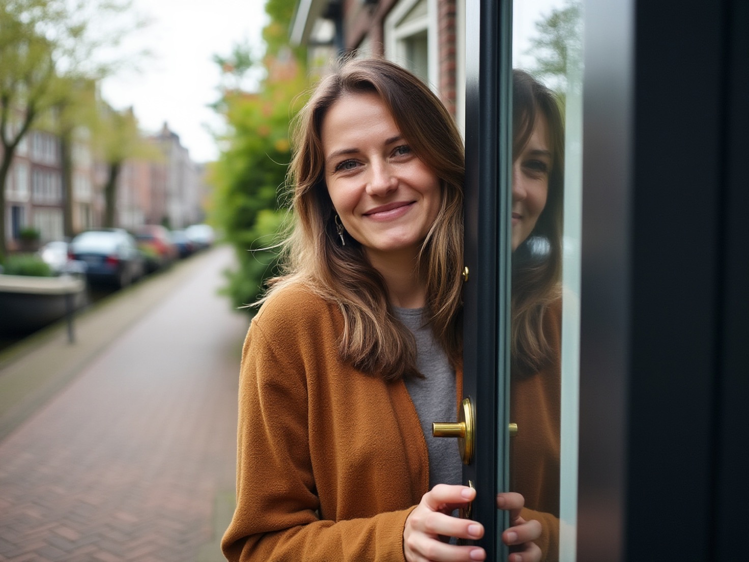 Vrouw stapt met sleutels in de hand naar buiten voor haar grachtenpand