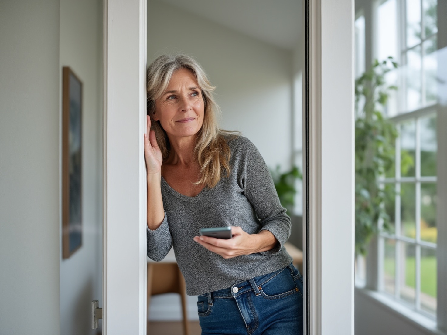 Solo-ondernemer leunt ontspannen in de deuropening van haar huis met haar telefoon in de hand