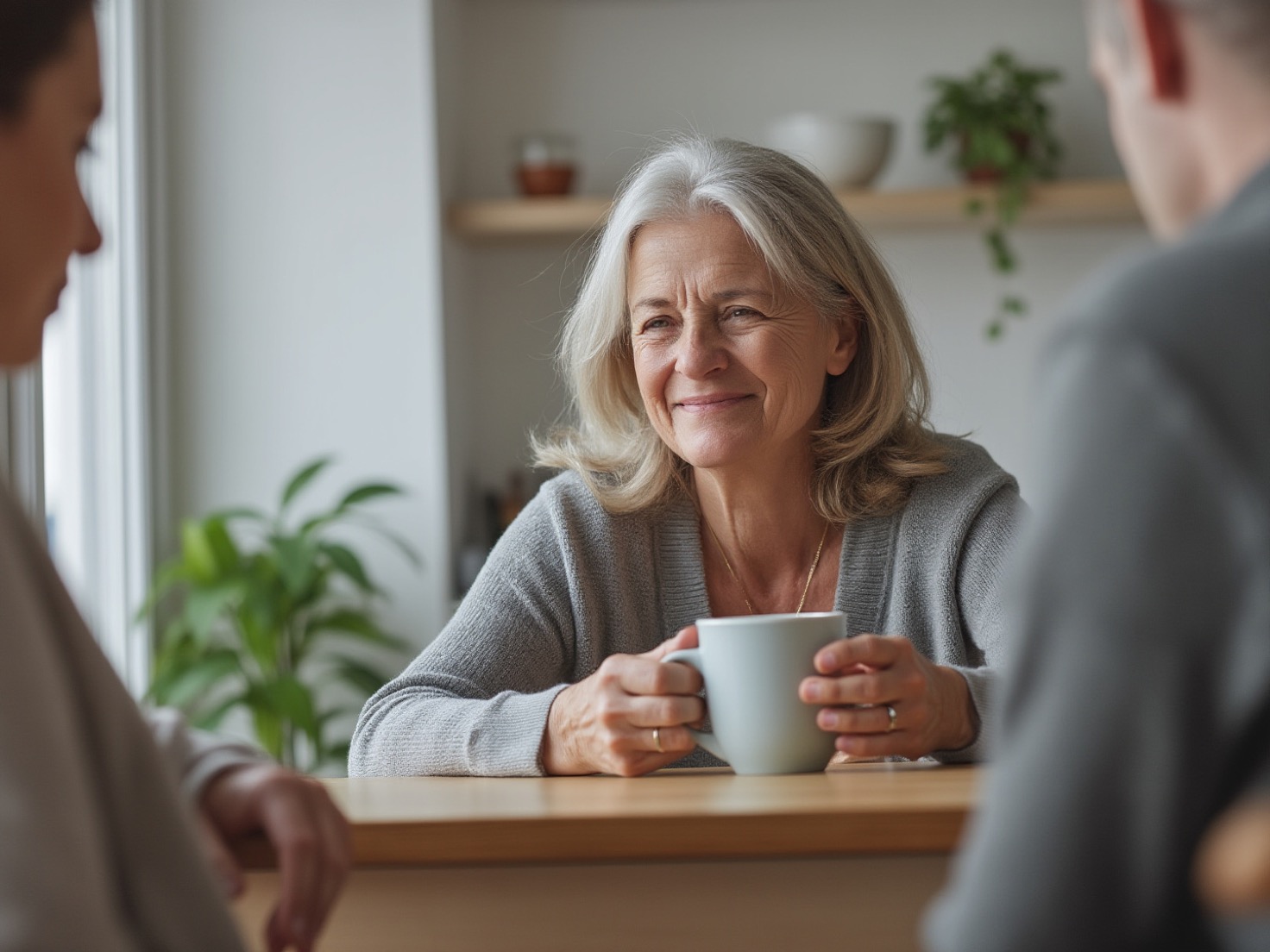 Vrouw van rond de 57 aan een keukentafel met een mok in gesprek met een klant