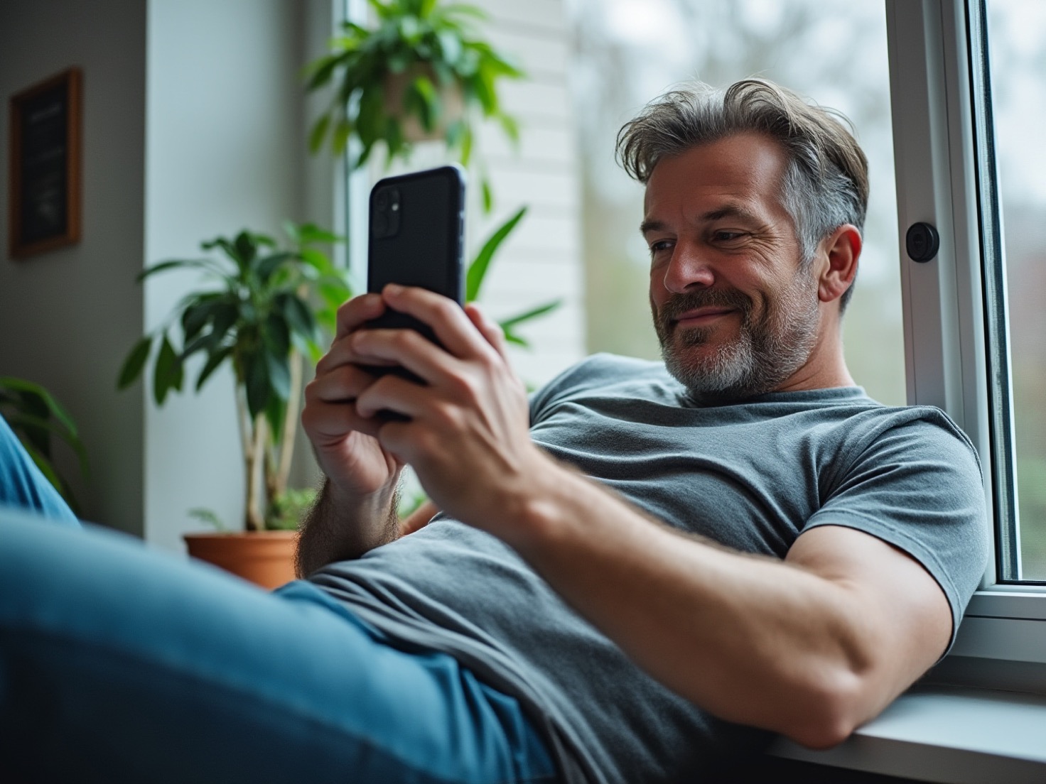 Solo-ondernemer neemt thuis een korte video op met zijn telefoon bij het raam