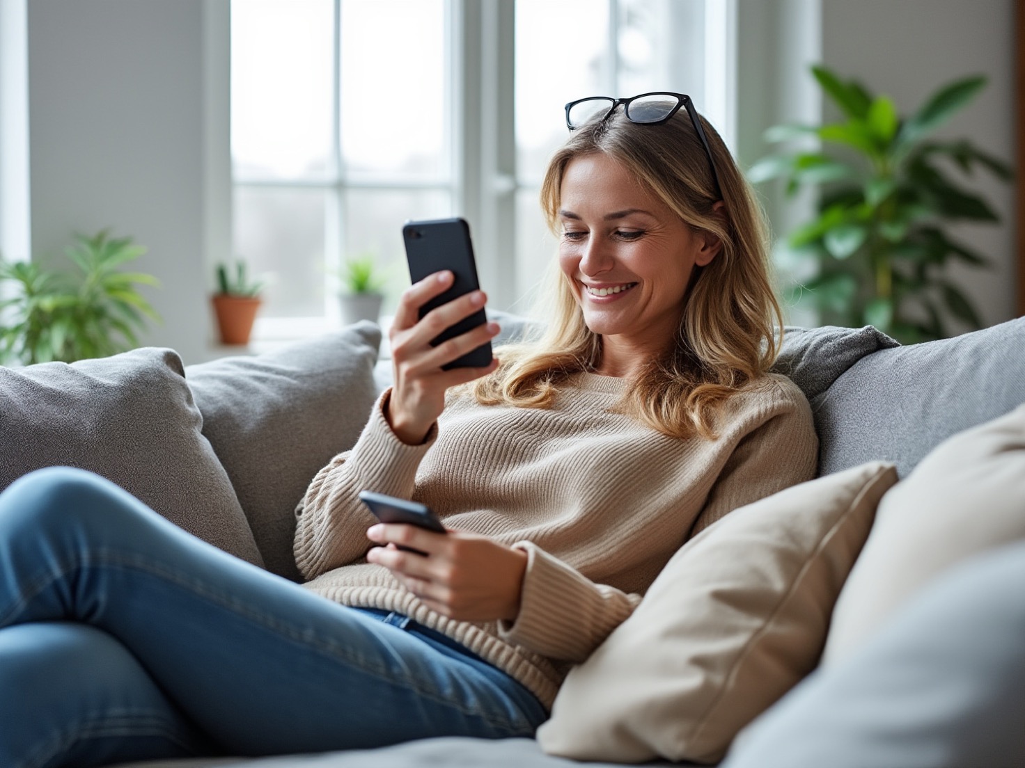 Vrouw van middelbare leeftijd ontspannen op de bank met haar telefoon, bekijkt LinkedIn