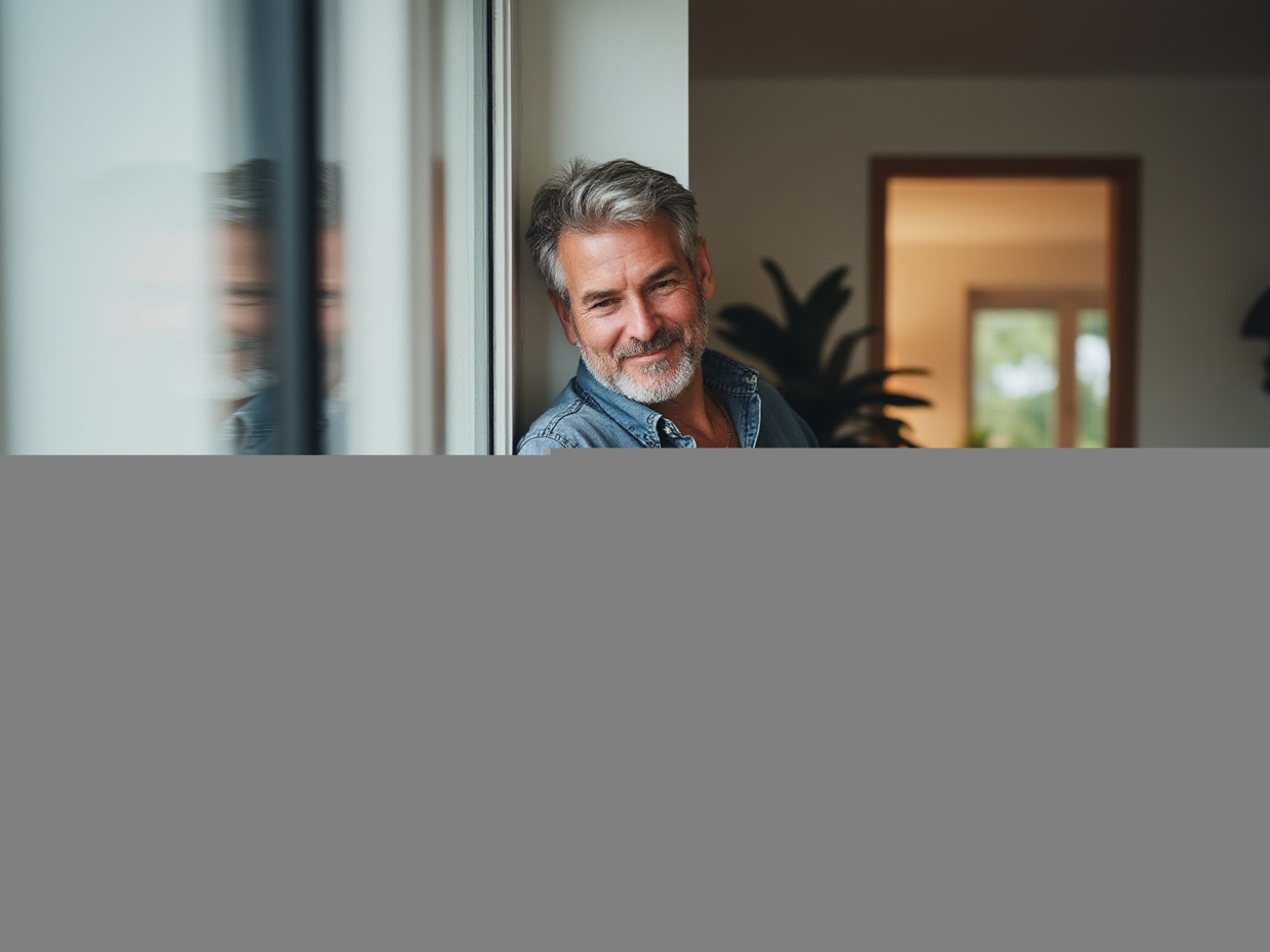 Solo-ondernemer leunt ontspannen tegen de deurpost van zijn werkkamer met zijn telefoon in de hand