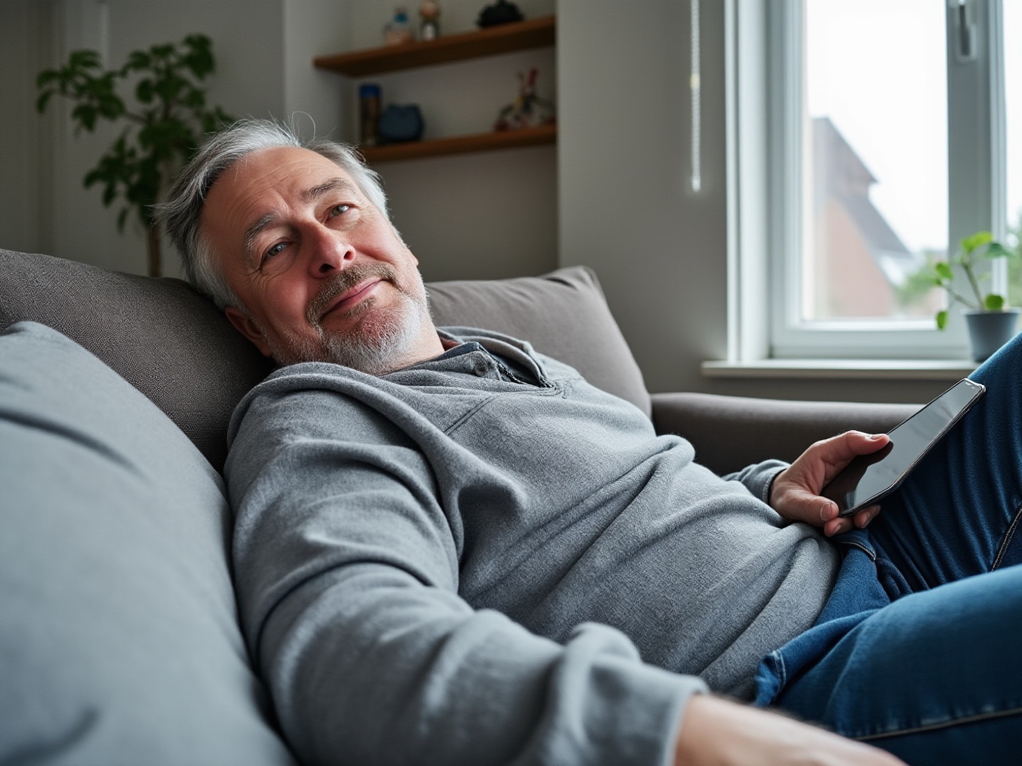 Man van eind vijftig zit op de bank met zijn telefoon losjes in de hand, peinzend voor zich uit kijkend