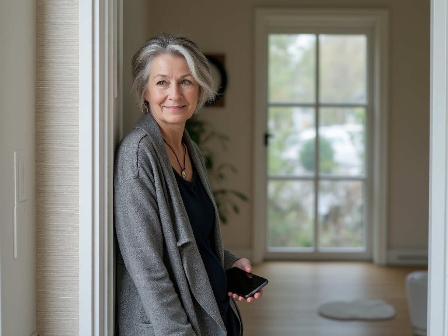 Solo-ondernemer staat ontspannen in de deuropening van haar huis met haar telefoon rustig in de hand