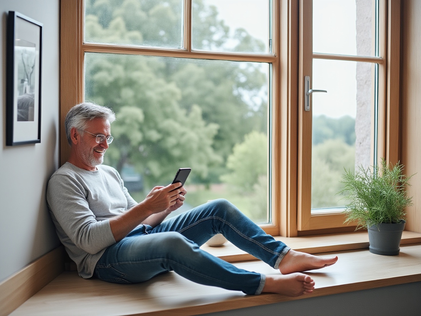 Solo-ondernemer leest op zijn telefoon bij het raam in zijn huiskamer