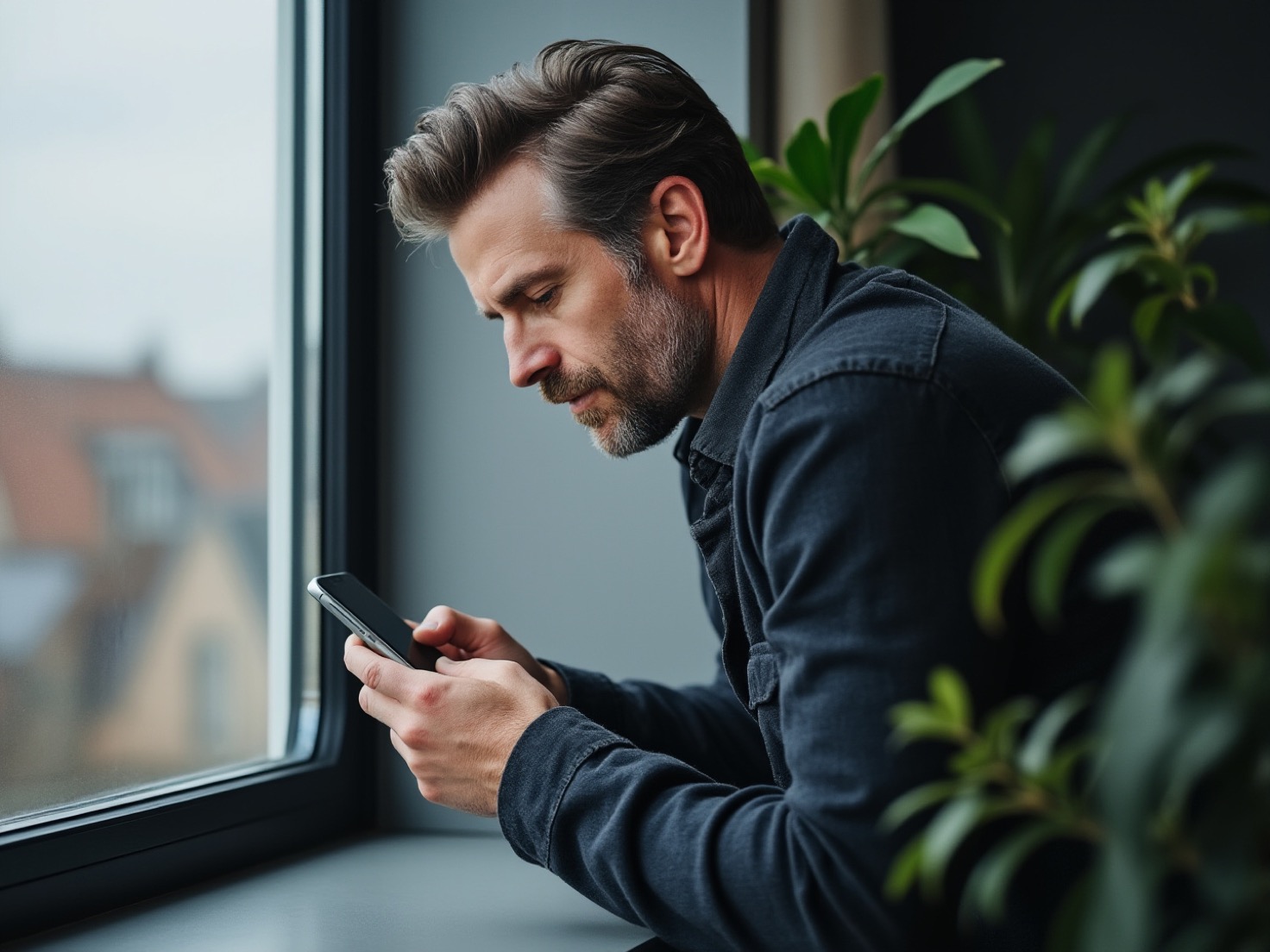 Solo-ondernemer bekijkt zijn profiel op zijn telefoon bij het raam
