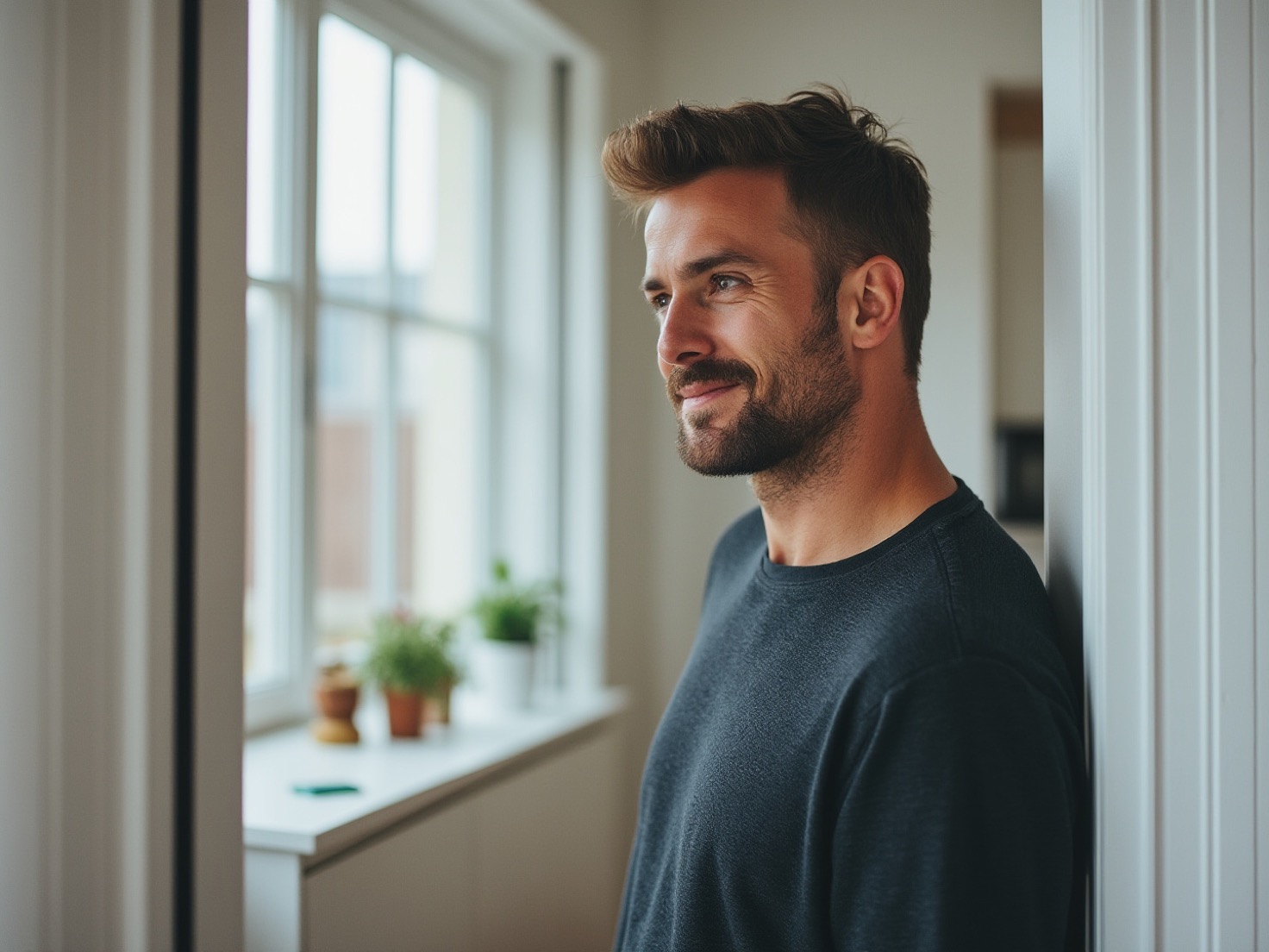 Man leunt tegen de deurpost met zijn telefoon in de hand, opgelucht na een gesprek over een uitlopend project