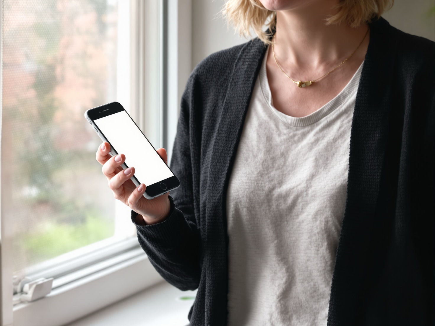 Solo-ondernemer met telefoon in de hand in een thuiskantoor, twijfelend tussen een reel en een carrousel