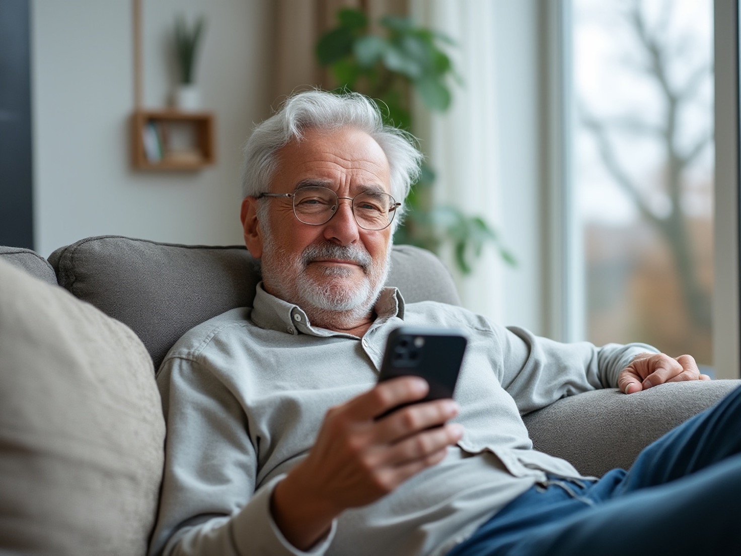 Solo-ondernemer van rond de zestig zit ontspannen op de bank met zijn telefoon losjes in de hand, rustig voor zich uit kijkend.