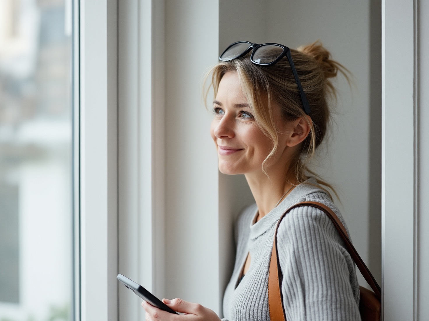 Solo-ondernemer leunt in de deuropening van haar werkkamer met haar telefoon, net opgelucht na een bericht van een tevreden klant.