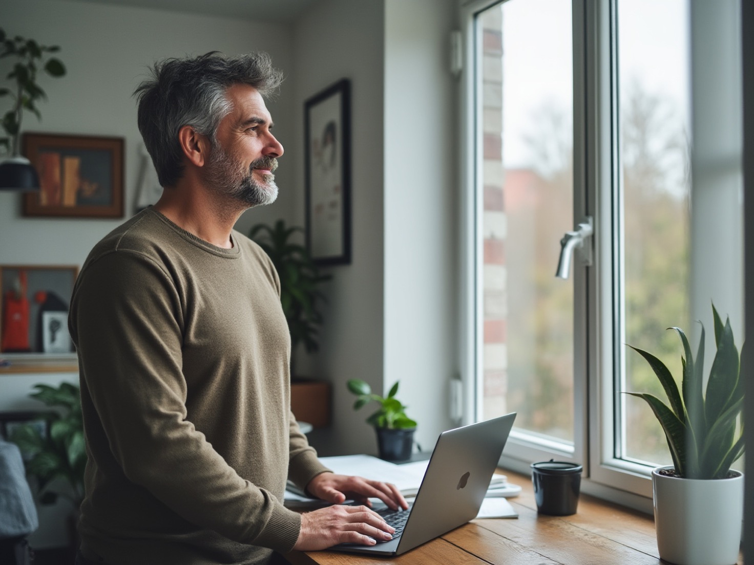 Solo-ondernemer in een thuiskantoor naast zijn bureau met dichtgeklapte laptop, kijkend naar het raam