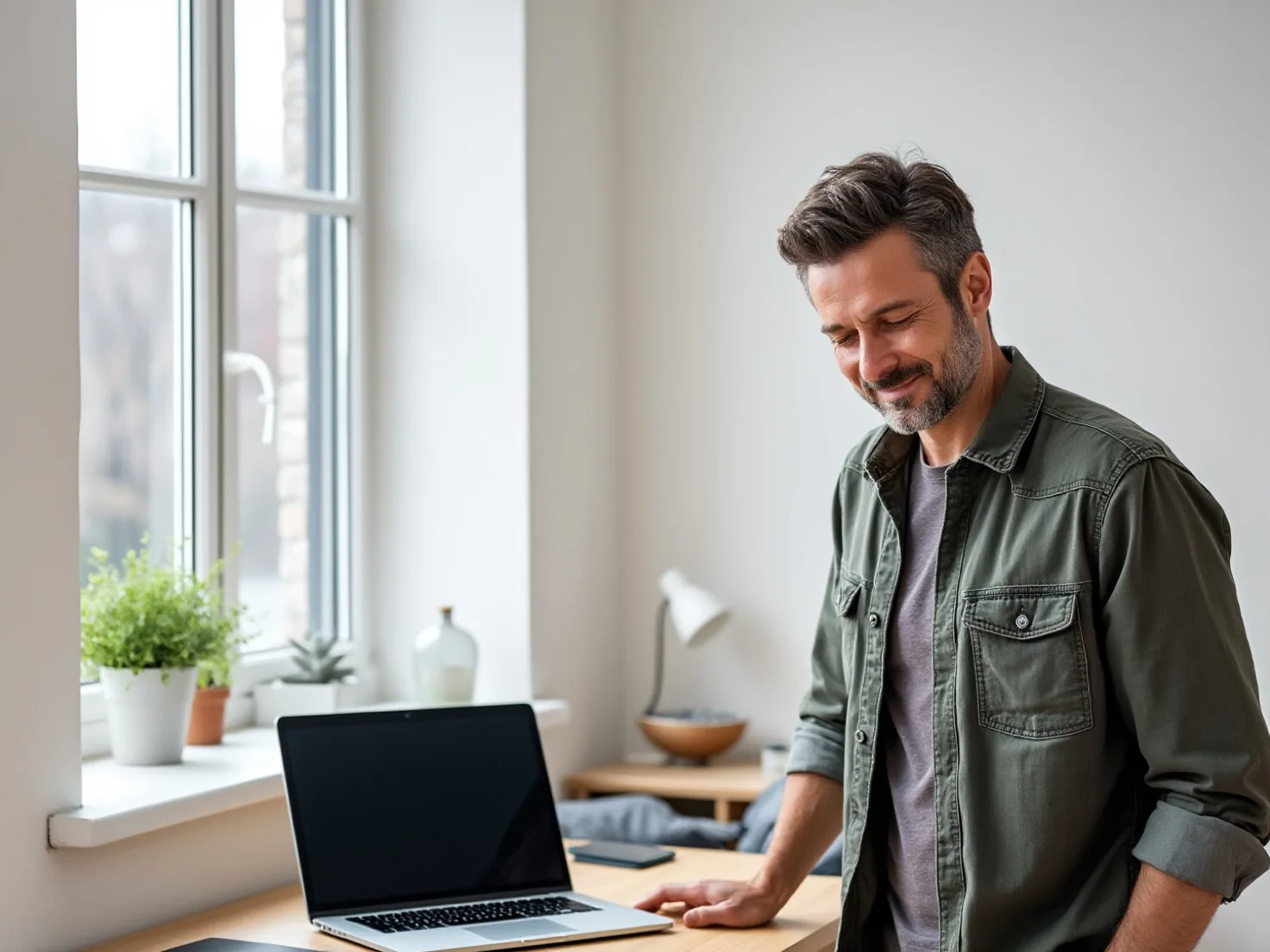 Nederlandse man van eind veertig staat naast zijn bureau in een klein thuiskantoor, hand op een dichtgeklapte laptop, met een opgeluchte blik na een lastige beslissing
