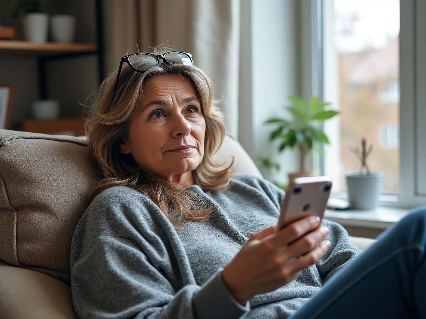 Vrouw van rond de 44 zit ontspannen op de bank met haar telefoon en denkt na over GEO en online vindbaarheid