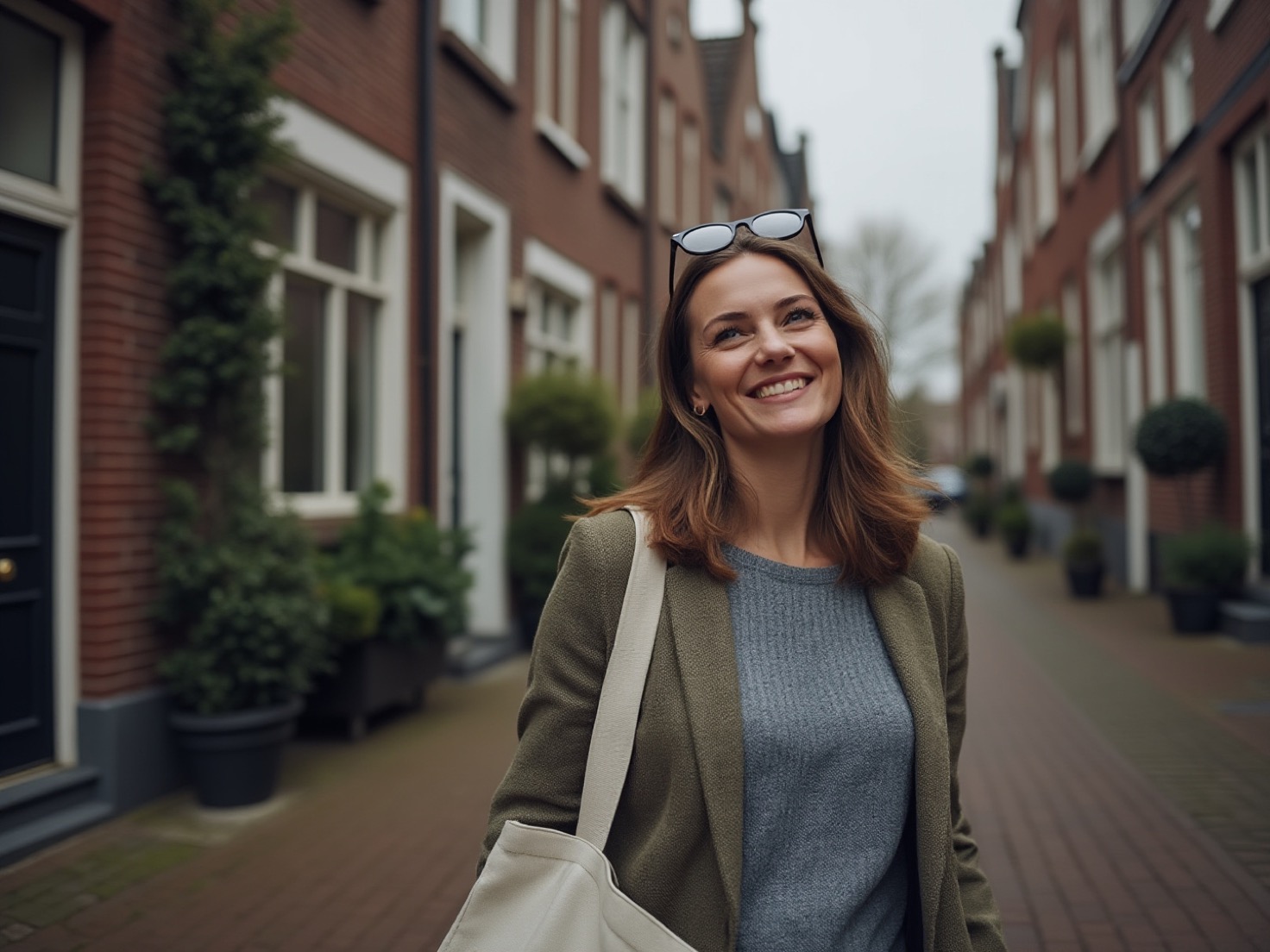Vrouw loopt door een rustige Nederlandse straat terwijl er een idee op zijn plek valt